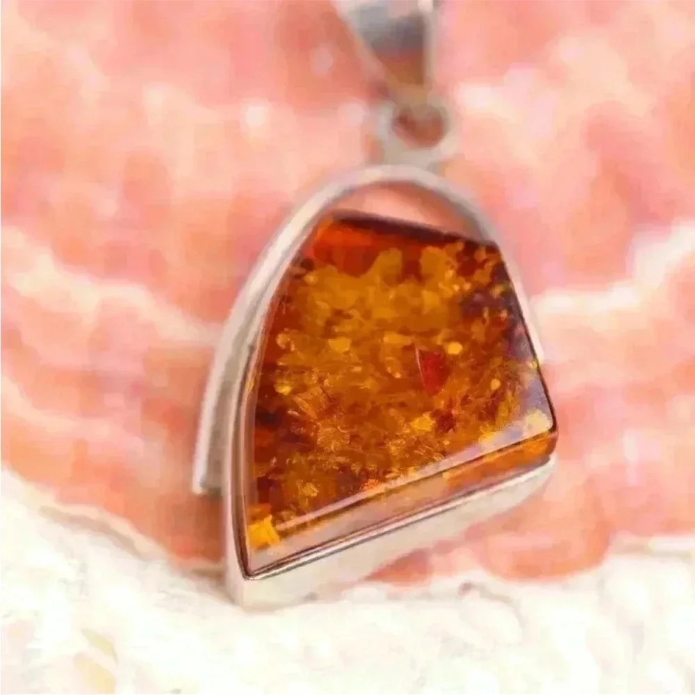 Large Honey Amber Pendant in Sterling Silver Modern Art Design